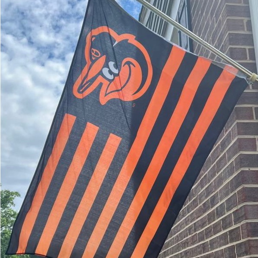 Outdoor indoor flag.  Baltimore Orioles 3x5’ graphic visible on both sid…
